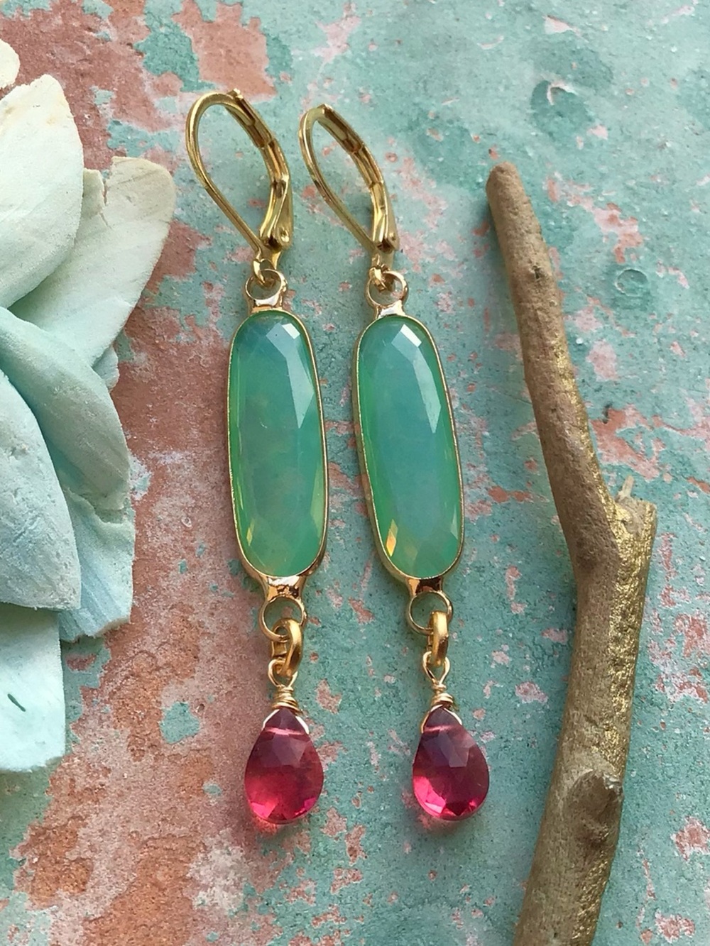 Chalcedony bezel rubellite tourmaline quartz 24k gold plated Earrings